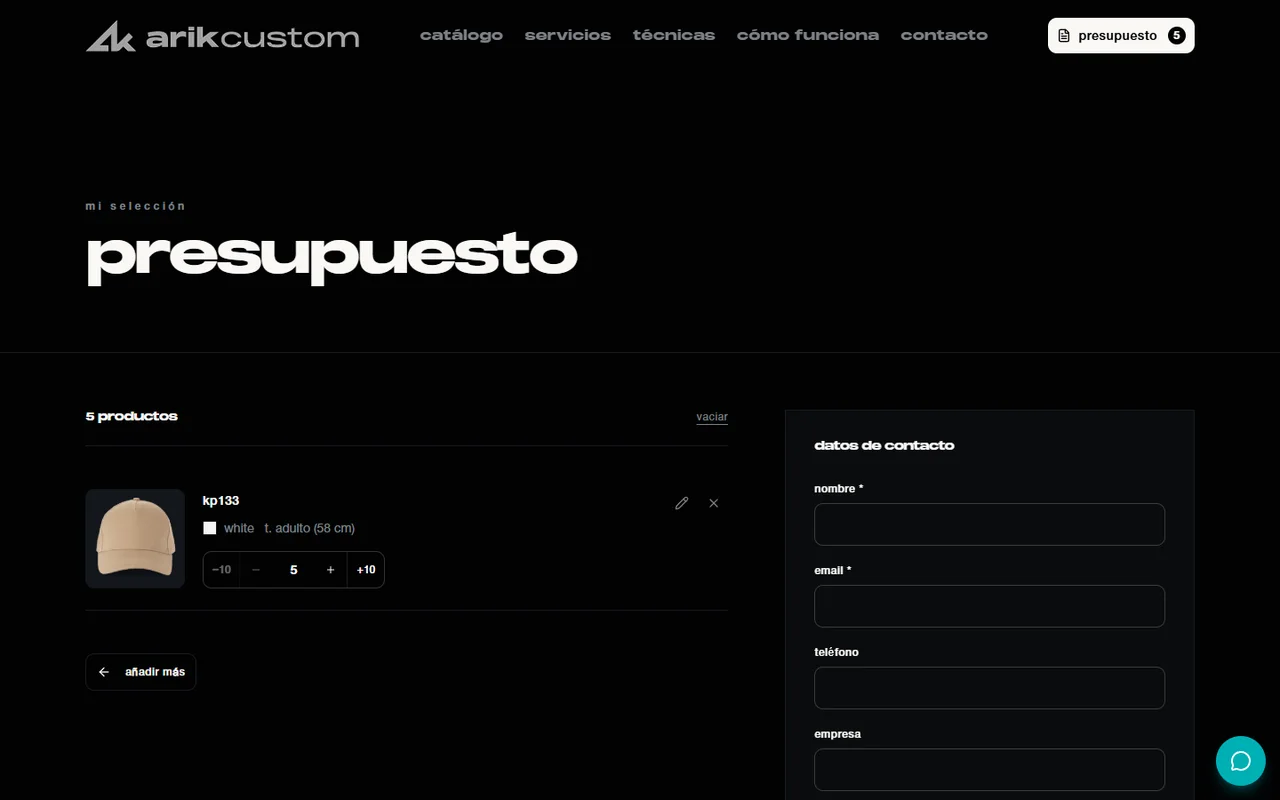 Solicitud real de presupuesto de Arik Custom con producto añadido, cantidad, datos de contacto y opciones de envío.