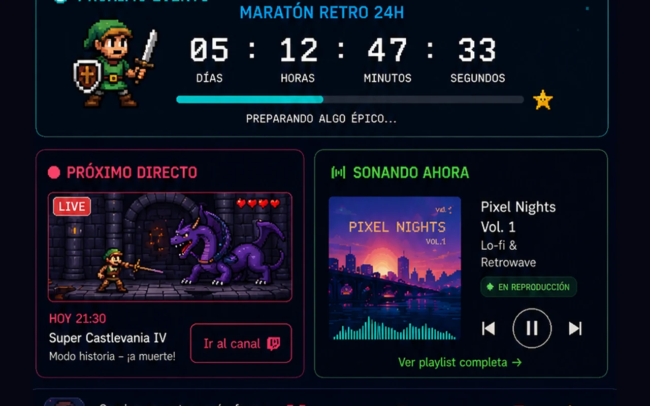 Paneles de Aventuras Pixeladas con próximo evento, próximo directo y música en reproducción.