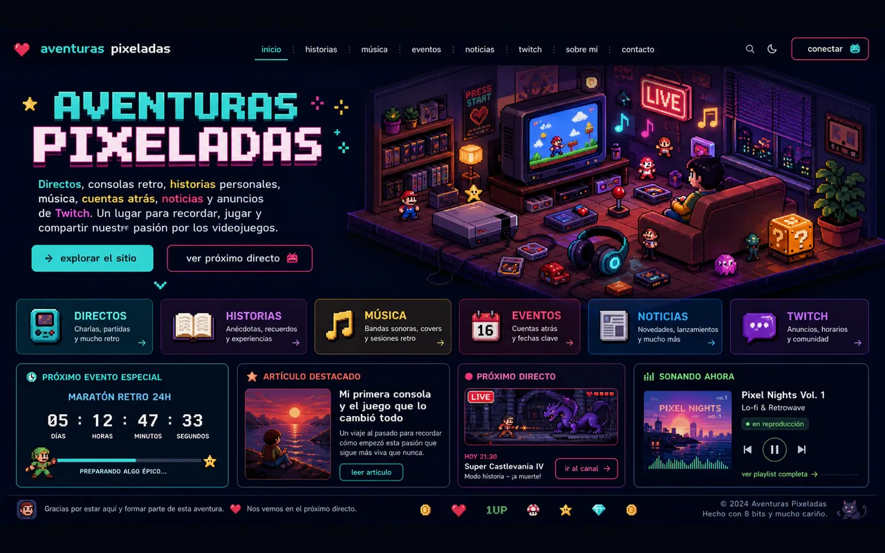 Home de Aventuras Pixeladas con hero pixel art, cartuchos de navegación y paneles de evento, artículo, directo y música.